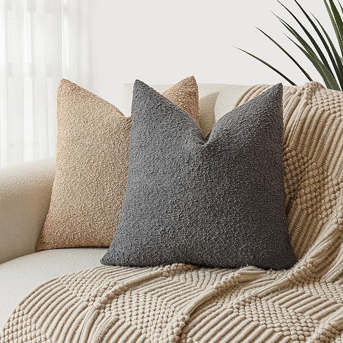 Foindtower Set of 2, Decorative Textured Boucle Throw Pillow Covers Accent Solid Pillow Cases Neutral Soft Cozy Couch Cushion Case for Chair Sofa Bedroom Living Room Home Decor 16 x 16 Inch Dark Grey
