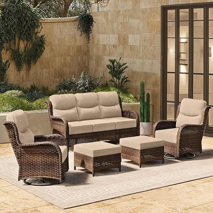 HILLGA Luxury High Back Patio Furniture Set with 6-Inch Thick Cushion, 5-Piece Outdoor Conversation Set with Sofa, Swivel Rocker Chairs & Ottomans, Ideal for Porch Pool Deck Yard (Beige)