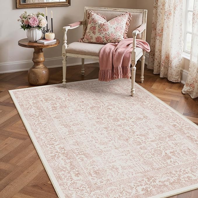 Pink Area Rug 3x5 Office Entryway Rug Machine Washable Kitchen Vintage Distressed Non Slip Carpet Indoor Retro Floral Accent Throw Door Mat for Bathroom Bedroom Dining Living Room