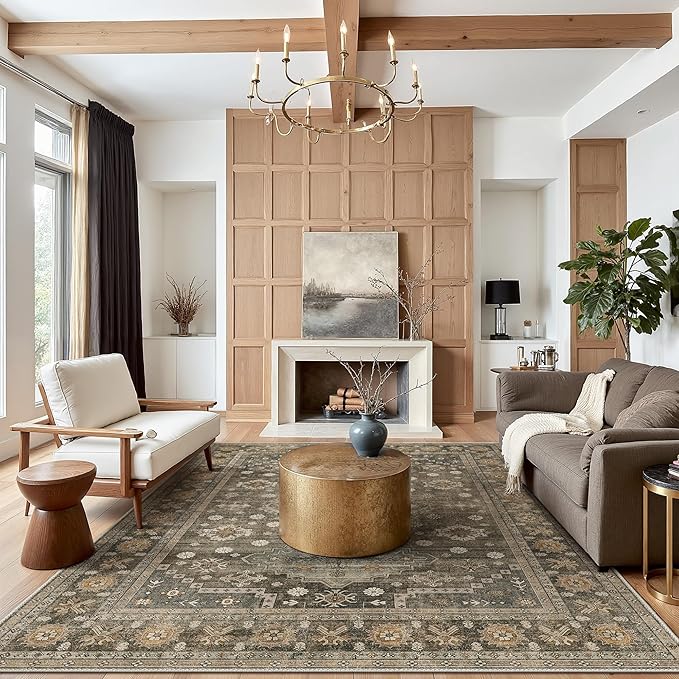 GENIMO 9x12 Area Rugs for Living Room, Machine Washable Low Pile Rugs, Non Slip Vintage Rug for Bedroom, Dining Room, Home Office, Kitchen, Distressed Deep Brown