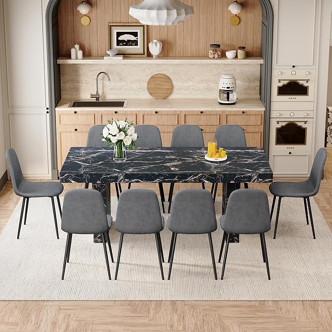 79" Marble Dining Table Set｜Modern Dining Table Set with 10 Artifical Leather Chairs｜Engineered Wood with Marble Pattern Tabletop｜Widened and Stable Tablelegs｜Easy Assembly