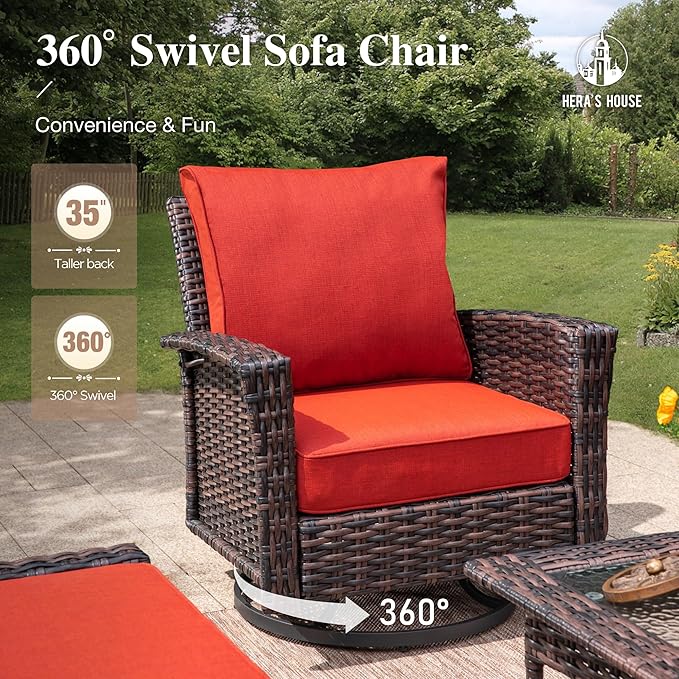 HERA'S HOUSE Red Patio Furniture Set, 35" High Back Swivel Chairs with 5.5" Waterproof Cushions, 4 Pieces Wicker Rattan Outdoor Conversation Sofa Sets for Deck Lawn Yard