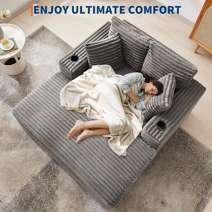 GarveeHome Oversized Chaise Lounge Chair Indoor, Comfy Corduroy Lounge Sofa with Charging Station, Cup Holders & Throw Pillows, Cozy Sleeper Couch for Living Room Apartments, Grey