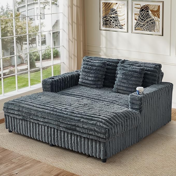 RARZOE 64'' Oversized Chaise Lounge Chair Indoor, Plush Faux Rabbit Fur Sleeper Sofa Bed with 4 Pillows, Charging Station & Cup Holders, Fluffy Comfy Cloud Couch Loveseat Sofa for Living Room,Grey