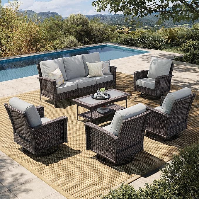 HERA'S HOUSE Gray Patio Furniture Set with Swivel Chairs, Outdoor Wicker Furniture with 35" High Back, 5.5" Thick Cushions, Deep Seating Patio Conversation Sets for Lawn Deck Backyard