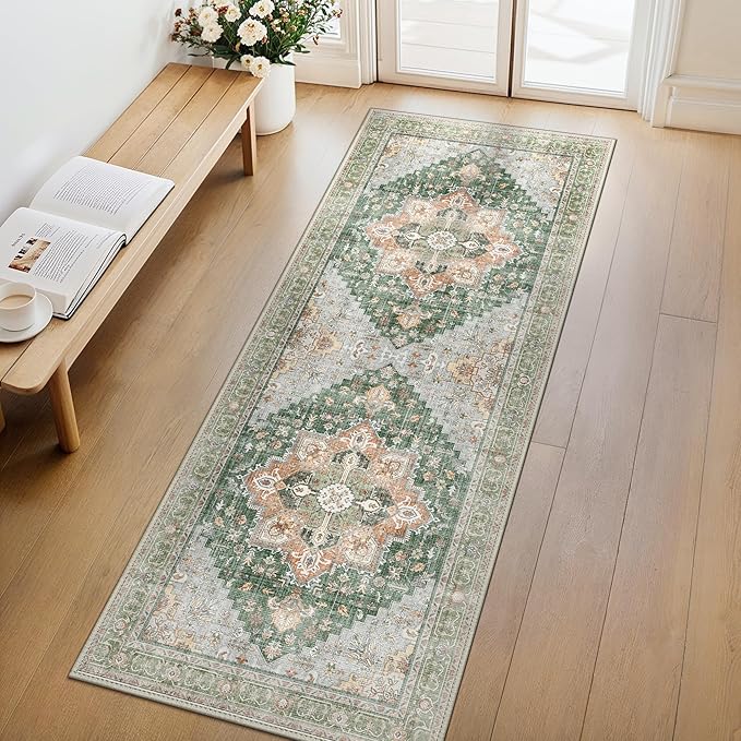 GENIMO 2x5 Runner Rugs for Hallway, Machine Washable Non Slip Vintage Rugs, Low Pile Lightweight Soft Print Rug for enrtyway, Corridor, Home Office, Kitchen, Sage Green