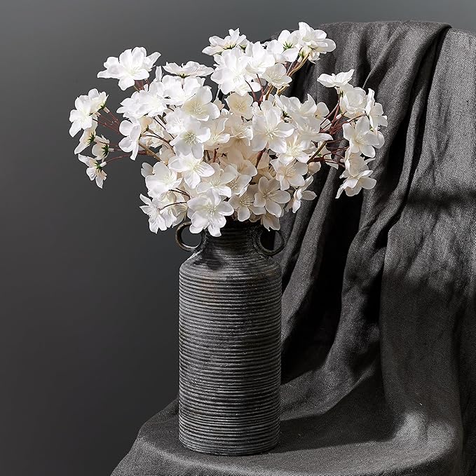 Ceramic Rustic Vase with 2 Round Handles, Antique Farmhouse Flower Vase, Vintage Terracotta Vases for Home Decor, Wedding, Living Room, Table, Shelf Decor - 10.2 Inch Tall, Black Bronze