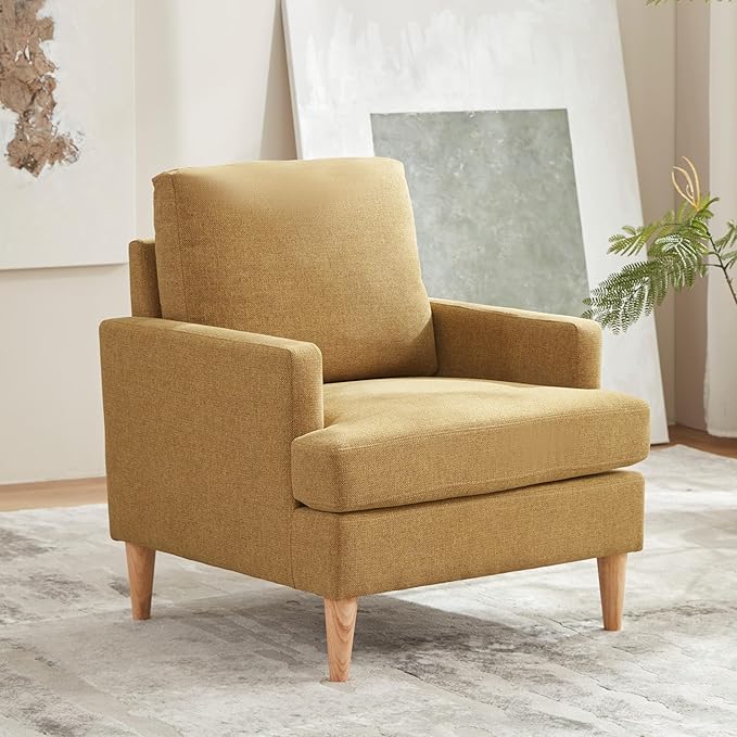 VKNOW Mid-Century Accent Chairs Set of 2, Modern Upholstered Chenille Armchair for Living Room,Comfy Reading Accent Chairs with Wood Legs for Bedroom, Yellow Polyester