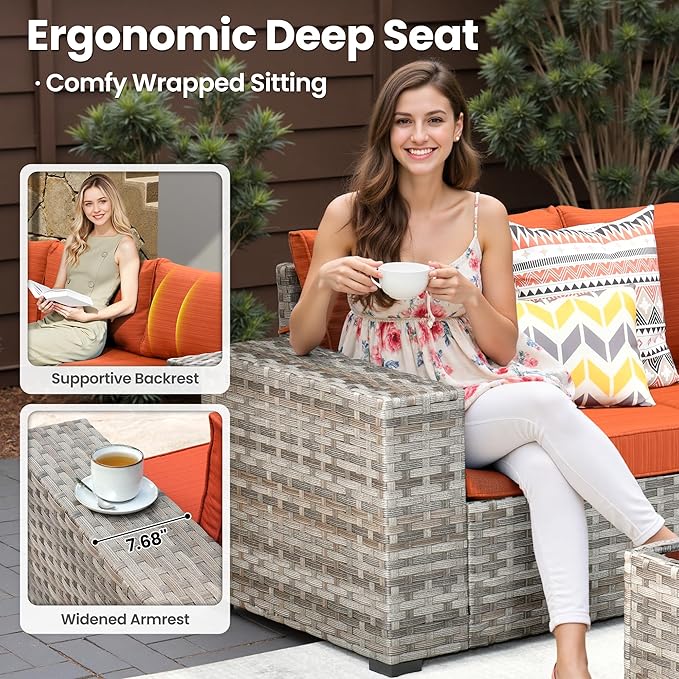 ovios 8 Pieces Patio Furniture Set, Outdoor Wicker Sectional Sofa with Swivel Chair Coffee Table, Modern Modular Deep Seat Rattan Couch Conversation Sets, Orange Red
