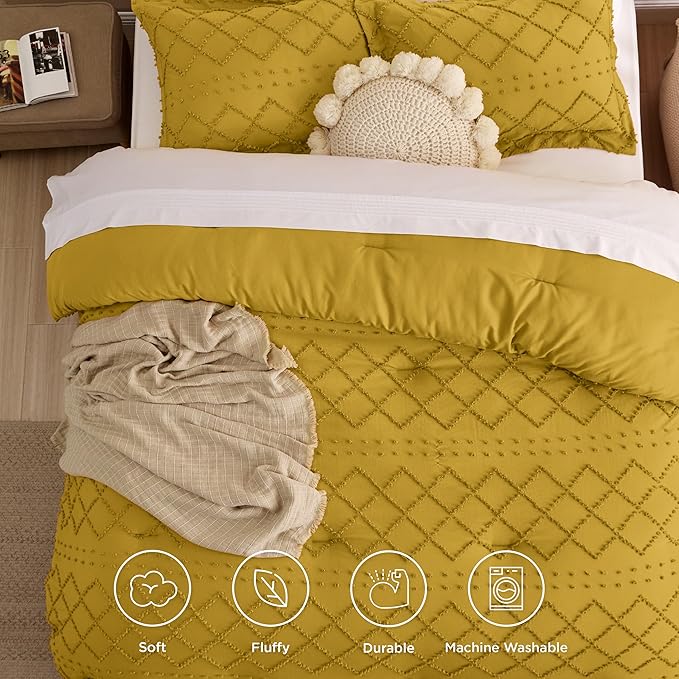 Bedsure King Comforter Set - Mustard Yellow Comforter, Boho Tufted Shabby Chic Bedding for Kids, 3 Pieces Vintage Farmhouse Bed Set for All Seasons, Fluffy Soft Bedding with 2 Pillow Shams