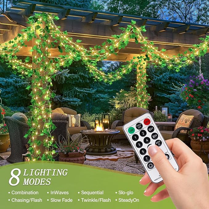 OMIKA Vine with Fairy Lights Plug in, 66FT 200 LED Ivy String Lights Connectable with Remote, Leaf Light Waterproof for Bedroom, Room, Wall, Garden, Party, Wedding Decor (Warm White)