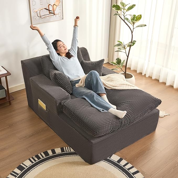 63" Oversized Chaise Lounge Chair Indoor, Extra Cloud Layer, Convertible Sleeper Sofa Couch with Removable Pillows & Side Pockets, Corduroy Upholstered Sofa Bed with Armrests for Living Room, Grey