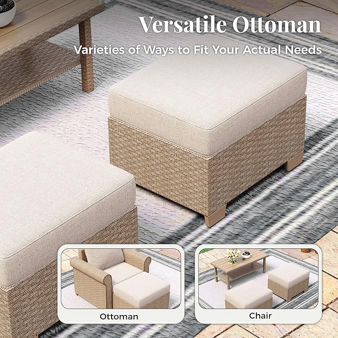 Patio Furniture Set 6 pcs, Wicker Outdoor Patio Furniture, 3-Seat Sofa, 2 Single Chairs, 2 Ottomans and Coffee Table, Rattan Patio Conversation Set for Backyard Deck, Beige