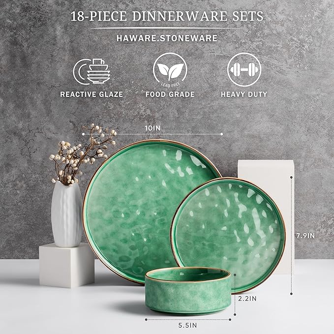 HaWare Dinnerware Sets, 18-Piece Plates and Bowls Set, Stoneware Dish Set for 6, Ceramic Dinnerware for Home Restaurant, Chip and Scratch Resistant, Microwave and Dishwasher Safe, Reactive Green