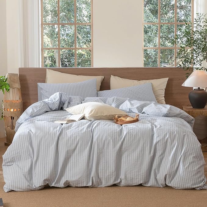 MooMee Striped Duvet Cover Set 100% Washed Cotton Linen Like Textured Breathable Durable Soft Comfy (Cornflower Blue White Wide Stripes, Super King 108"x98")