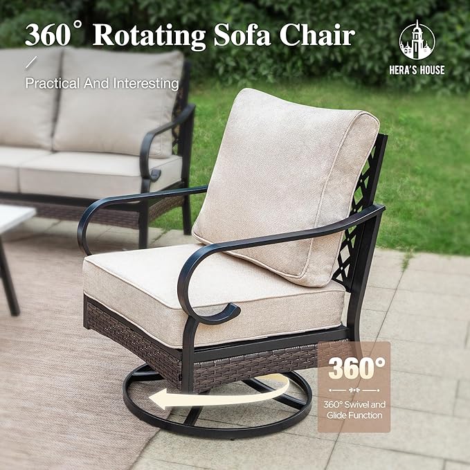 HERA'S HOUSE 4 Piece Patio Furniture Set with 56" Fire Pit Table, 2 x Swivel Cushioned Chair, 1 x 3-Seat Sofa, 5-Seats Outdoor Conversation Set for Lawn Garden Deck, Beige