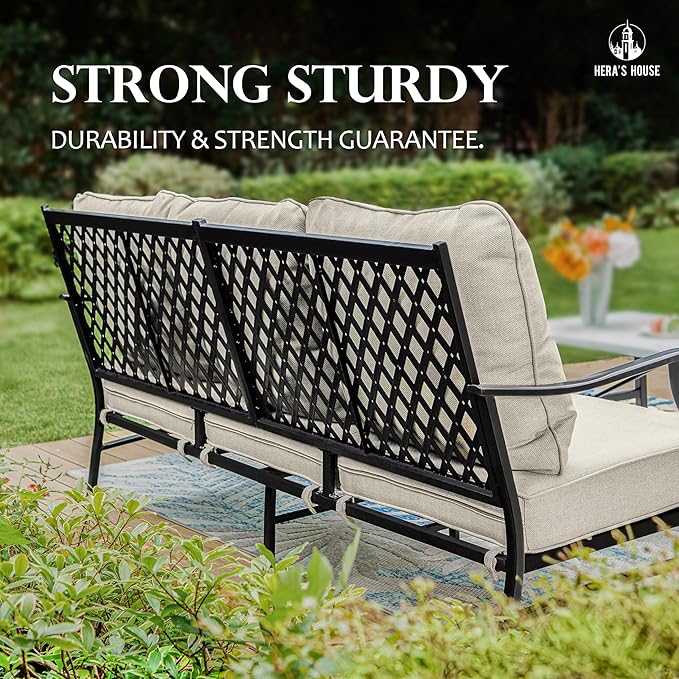 HERA'S HOUSE 6 Piece Patio Furniture Set, 2 x Metal Cushioned Chair, 2 x Cushioned Ottoman, 1 x 3-Seat Sofa with Marbling Coffee Table, Outdoor Conversation Set for Lawn Garden Backyard