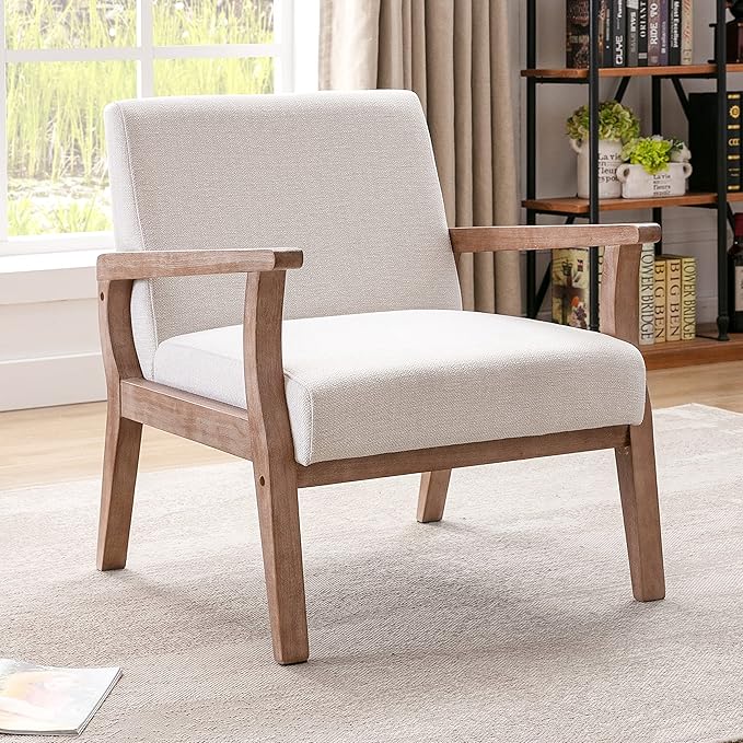 Wahson Comfy Living Room Chairs Set of 2, Linen Upholstered Accent Chairs, Farmhouse Armchairs with Natural Wood Frame, Oversized Decorative Chair for Bedroom, Beige