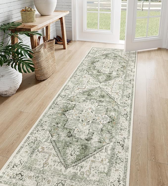 LIVEBOX Sage Green Runner Rug Non-Slip 2.5x8 - Oriental Bedroom Rugs Long Hallway Rugs for Home Decor, Low-Pile Vintage Carpet for Bathroom, Non-Slip Soft Carpet Throw Rug for Laundry Room