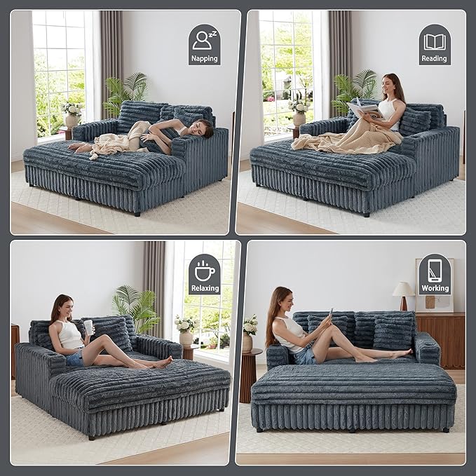 RARZOE 64'' Oversized Chaise Lounge Chair Indoor, Plush Faux Rabbit Fur Sleeper Sofa Bed with 4 Pillows, Charging Station & Cup Holders, Fluffy Comfy Cloud Couch Loveseat Sofa for Living Room,Grey