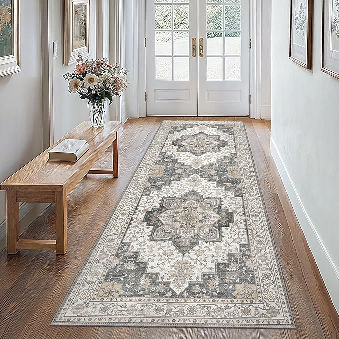 GENIMO 2x12 Runner Rugs for Hallway, Machine Washable Non Slip Vintage Rugs, Low Pile Lightweight Soft Print Rug for enrtyway, Corridor, Home Office, Kitchen, Heathered Grey