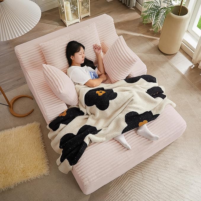 GNIXUU Oversized Boneless Chaise Lounge Chair Indoor, Comfy Fluffy Lounge Sofa Upholstered Sleeper Sofa Couch with Throw Pillows and Armrests, Corduroy Plush Cloud Chair for Living Room, Pink