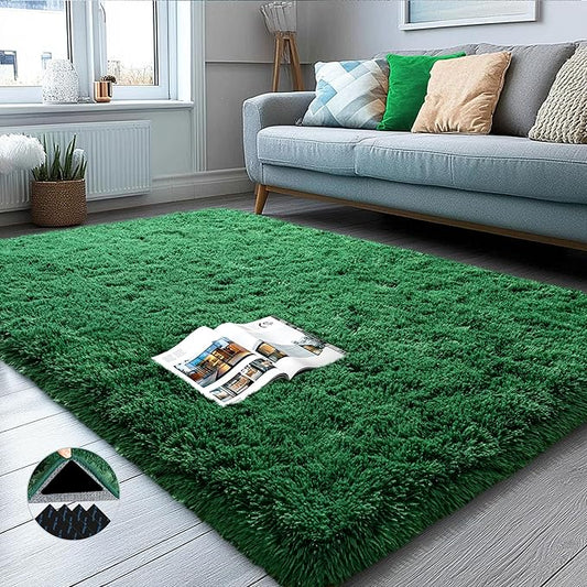 3x5 Area Rug for Bedroom, Green Rugs for Living Room Nursery Kids Room Dorm Home Decor Aesthetic, Fluffy Shaggy Rug with 4 Anti-Slip Carpet Tapes, Dark Green