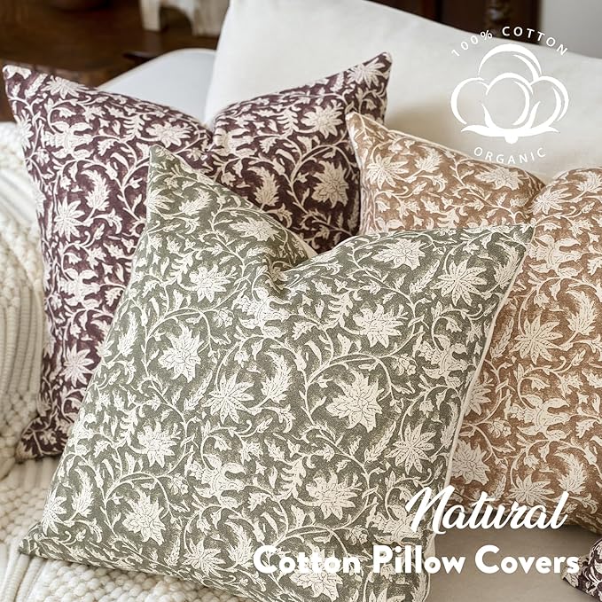 Floral Throw Pillow Covers 20x20 Farmhouse Block Print Pillow Covers Decorative Pillow Covers Couch Pillows for Living Room Vintage Accent Sofa Pillows Set of 2, Olive Green