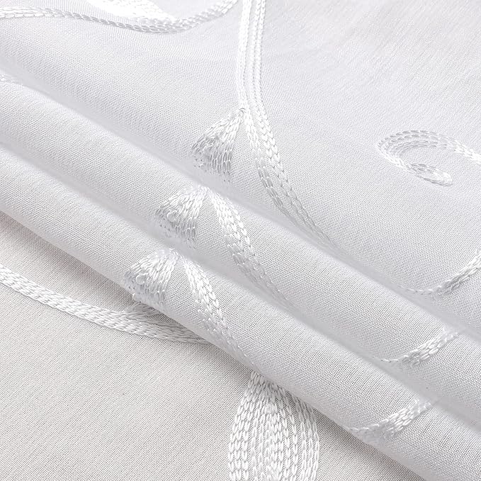 VISIONTEX White Leaves Sheer Voile Curtains, Decorative Embroidery Rod Pocket Window Drapes for Home Living Room and Bedroom 54 x 63 Inch, Set of 2 Curtain Panels