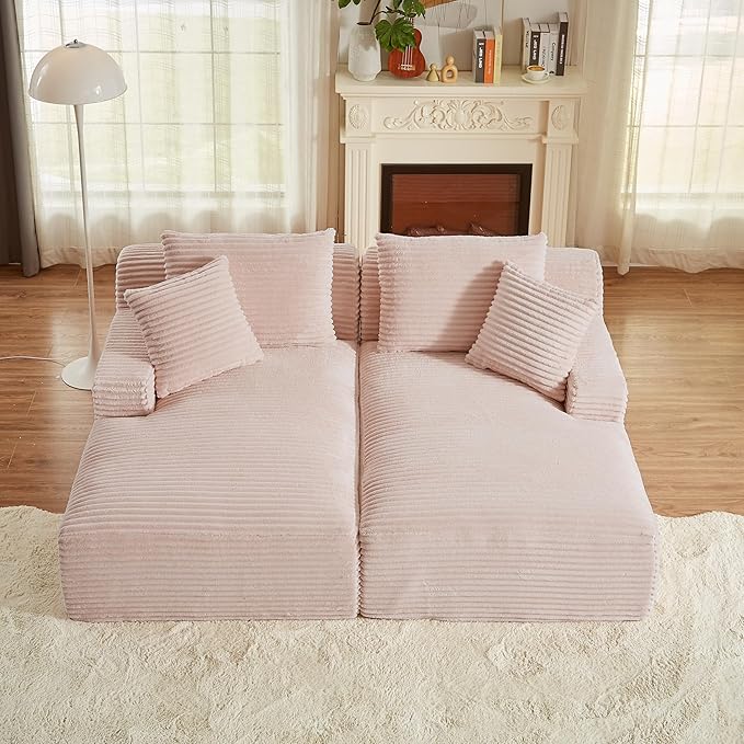 Oversized Double Chaise Lounge, Corduroy Boneless Couch, Modern Oversized Chaise Lounge, Upholstered Sleeper Sectional Sofa Daybed with Throw Pillows and Armrest for Living Room, Pink