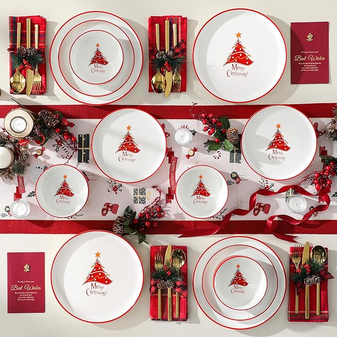 MALACASA Plates and Bowls Sets, 18 Pieces Christmas Porcelain Dinnerware Set for 6, Ceramic Dishware Dishes Kitchen Dining Ware Set, Microwave and Dishwasher Safe, Series LUNA-Christmas Tree