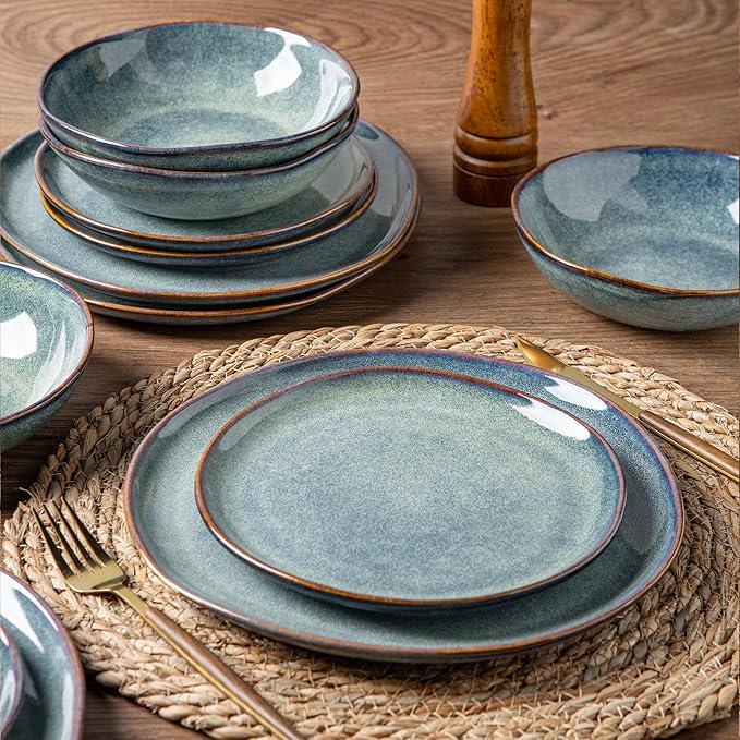 AmorArc Ceramic Dinnerware Sets,Handmade Reactive Glaze Stoneware Plates and Bowls Sets,Highly Chip and Crack Resistant | Dishwasher & Microwave Safe Dishes Set,Service for 4 (12pc)