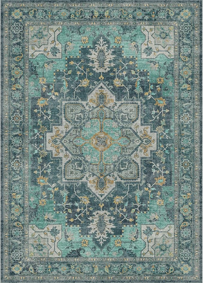 GENIMO 9x12 Area Rugs for Living Room, Machine Washable Non Slip Vintage Rugs, Low Pile Lightweight Chenille Print Rug for Bedroom, Dining Room, Home Office, Dark Green