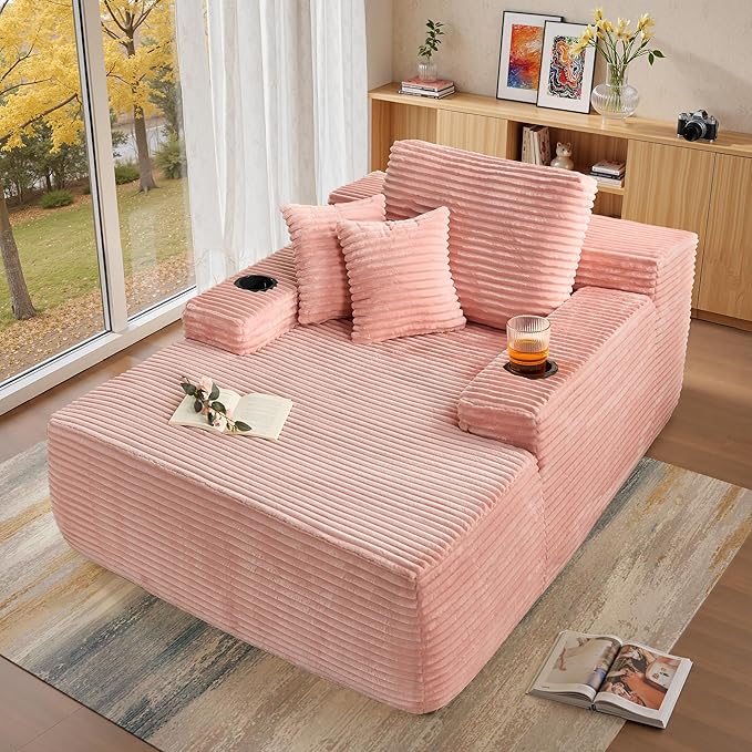Chaise Lounge Chair Indoor, 67" Oversized Comfy Plush Fur Sleeper Sofa Bed with Cup Holders and Wide Armrests, Boneless Upholstered Recliner Bed, Modern Cloud Couch for Living Room, Pink
