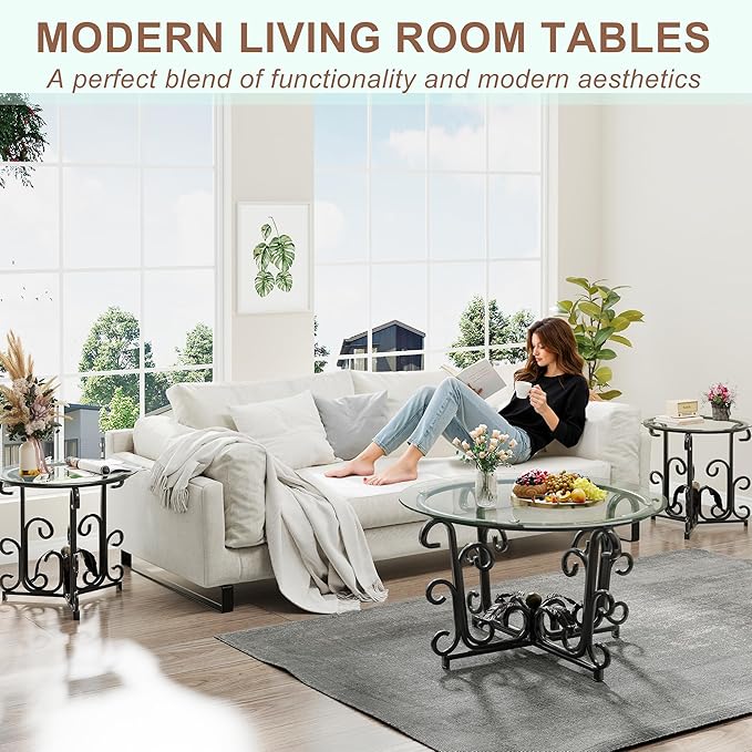 Tempered-Glass Nesting Coffee Table Set of 3 ，Black 31.5" Round Coffee Table and 2pcs Round Small Side Tables，Small-Space Friendl Modern Apartment Coffee Tables for Living Room
