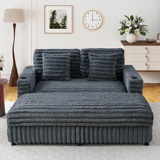 RARZOE 64'' Oversized Chaise Lounge Chair Indoor, Plush Faux Rabbit Fur Sleeper Sofa Bed with 4 Pillows, Charging Station & Cup Holders, Fluffy Comfy Cloud Couch Loveseat Sofa for Living Room,Grey