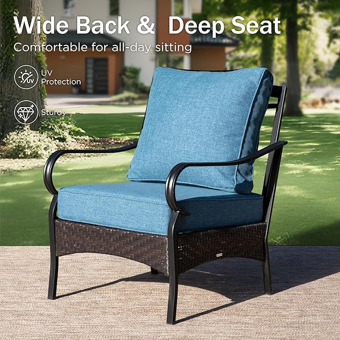 PHI VILLA Outdoor Modern Patio Furniture Set, Upgraded Wicker&Metal Patio Furniture Conversation Set with Waterproof Thick Cushions for Porch, Poolside, Deck, and Yard (4 Pieces,Navy)