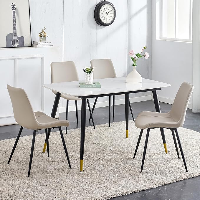 Marble Dining Table Set for 4, 50" Sintered Stone Dining Table and 4 Upholstered PU Leather Chair Dining Room Table Set for 4(1White Table and Gray Chairs Set of 4)