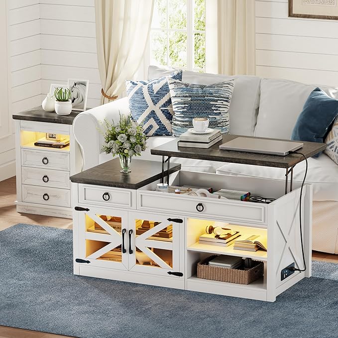 Lvifur 48" Farmhouse Lift Top Coffee Table with LED Lights & Charging Station, Living Room Center Table with 2 Hidden Storage Compartments, Lifting Tabletop and Adjustable Shelf (White)