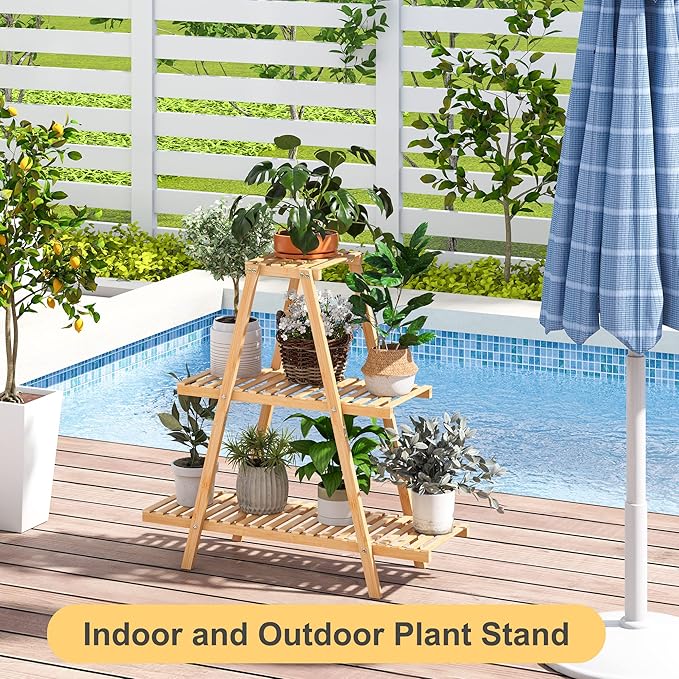 Bamboo Plant Stand - Indoor/Outdoor 3 Tier Plant Ladder, 8 Potted Flower Holder, Natural