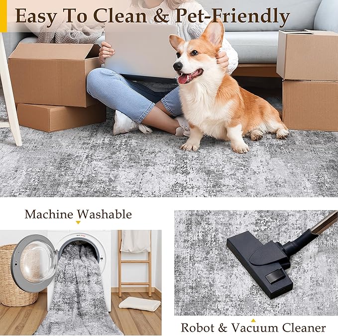 Washable Gray Area Rug 6x9 Modern Abstract Living Room Large Carpet Bedroom Grey Neutral Soft Throw Rug Low Pile Non Slip Indoor Contemporary Floor Cover for Dining Room Office