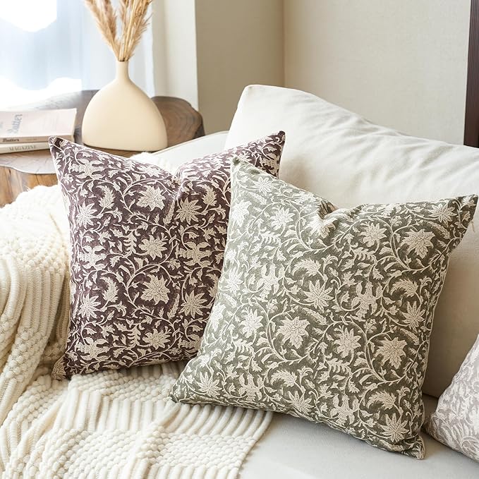Floral Throw Pillow Covers 24x24 Farmhouse Block Print Pillow Covers Decorative Pillow Covers Couch Pillows for Living Room Vintage Accent Sofa Pillows Set of 2, Olive Green