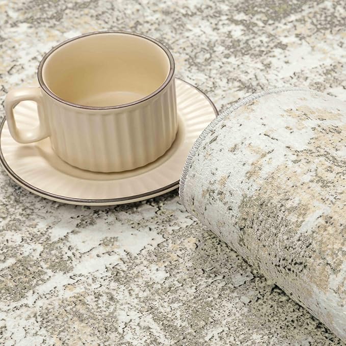 Machine Washable Runner Rug 2x8 Beige Gray Neutral Hallway Indoor Accent Modern Abstract Kitchen Low Pile Carpet Non Slip Distressed Throw Area Rug Living Room Bedroom Office Dining Room