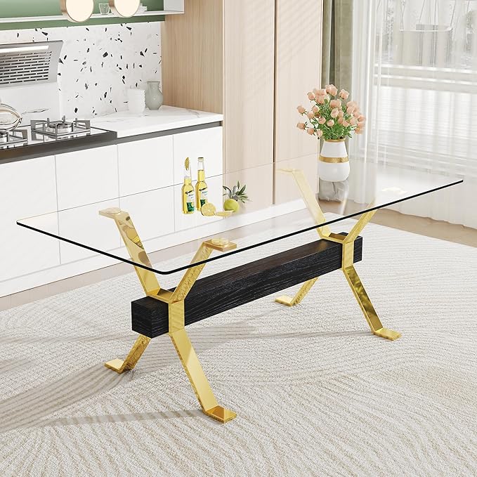 79" Glass Dining Table, Modern Kitchen Table, Modern Dining Table Set for 6, 0.5" Thick Tempered Glass Tabletop with Gold Chrome Metal Legs and Black Crossbar, Ideal for Dining Room, Kitchen
