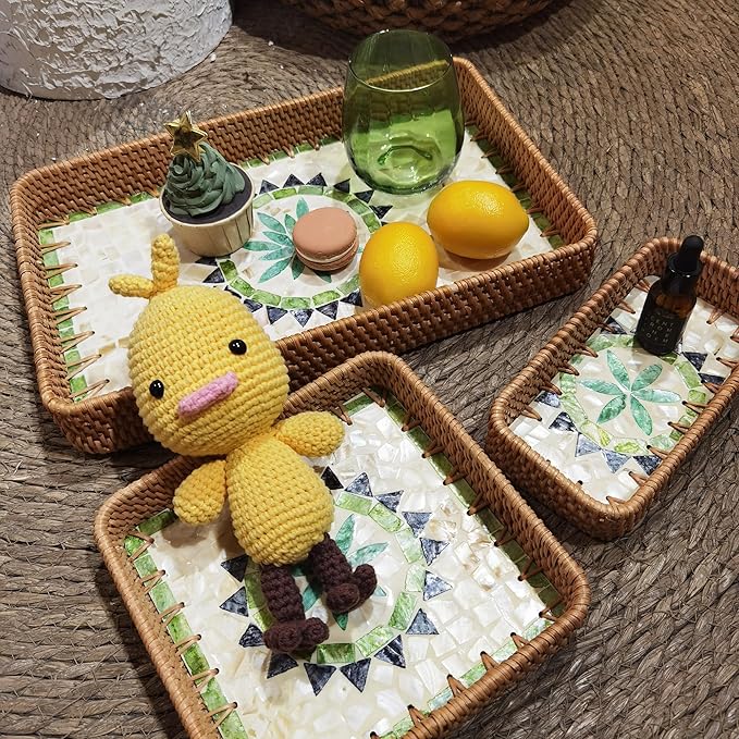 i-lan Set of 3 15" Rattan Woven Serving Tray Basket with MOP Wooden Base and Handles, Boho Wicker Coffee Table Décor Serving Tray with 2 Inch Wall, Handmade Display Basket for Everywhere