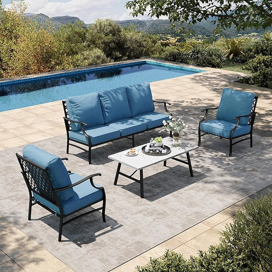 HERA'S HOUSE 4 Piece Patio Furniture Set, 2 x Metal Frame Cushioned Chair, 3-Seat Sofa with Marbling Coffee Table, All Weahter Outdoor Conversation Set for Lawn Garden Backyard, Navy Blue