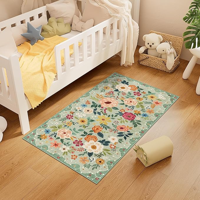 DUKINO 2x4 Rug for Entryway, Washable Kitchen Floral Runner Rug with Non Slip Backing, Low Pile Soft Boho Carpet for Kitchen, Hallway, Entryway, Laundry, Bedroom, Green