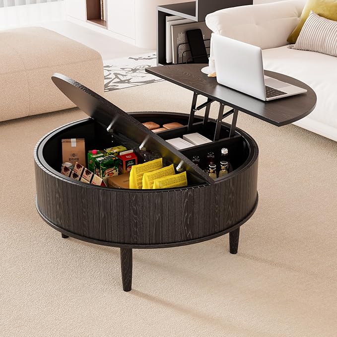 Round Fluted Lift Top Coffee Table with Storage, Mid Century Modern Coffee Table for Living Room, Home Small Space,31.5" Fluted Center Table (Black, 31.5inch)