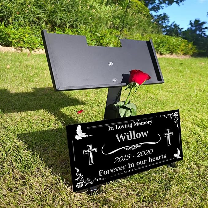 Personalized Headstone with Photo, Memorial Stone, Headstones for Graves, Grave Markers, Black Granite Garden Stone, Memorial Plaques for Outdoor, Grave Decoration for Cemetery (Text Style)