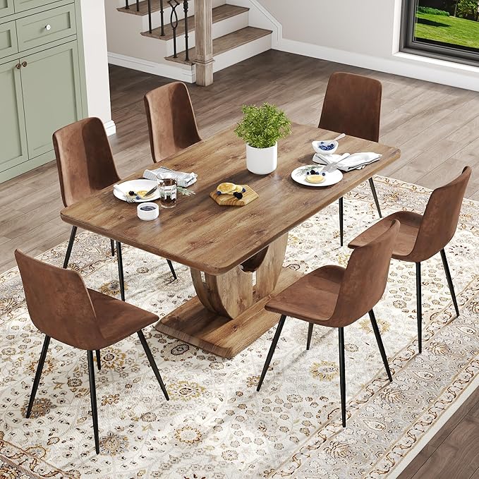 Wooden Dining Table Set for 6, 63" Rectangular Kitchen Table with Upholstered Chairs, Modern Dining Room Furniture with Faux Leather Seating and Sturdy Metal Legs, Brown Farmhouse Table Set